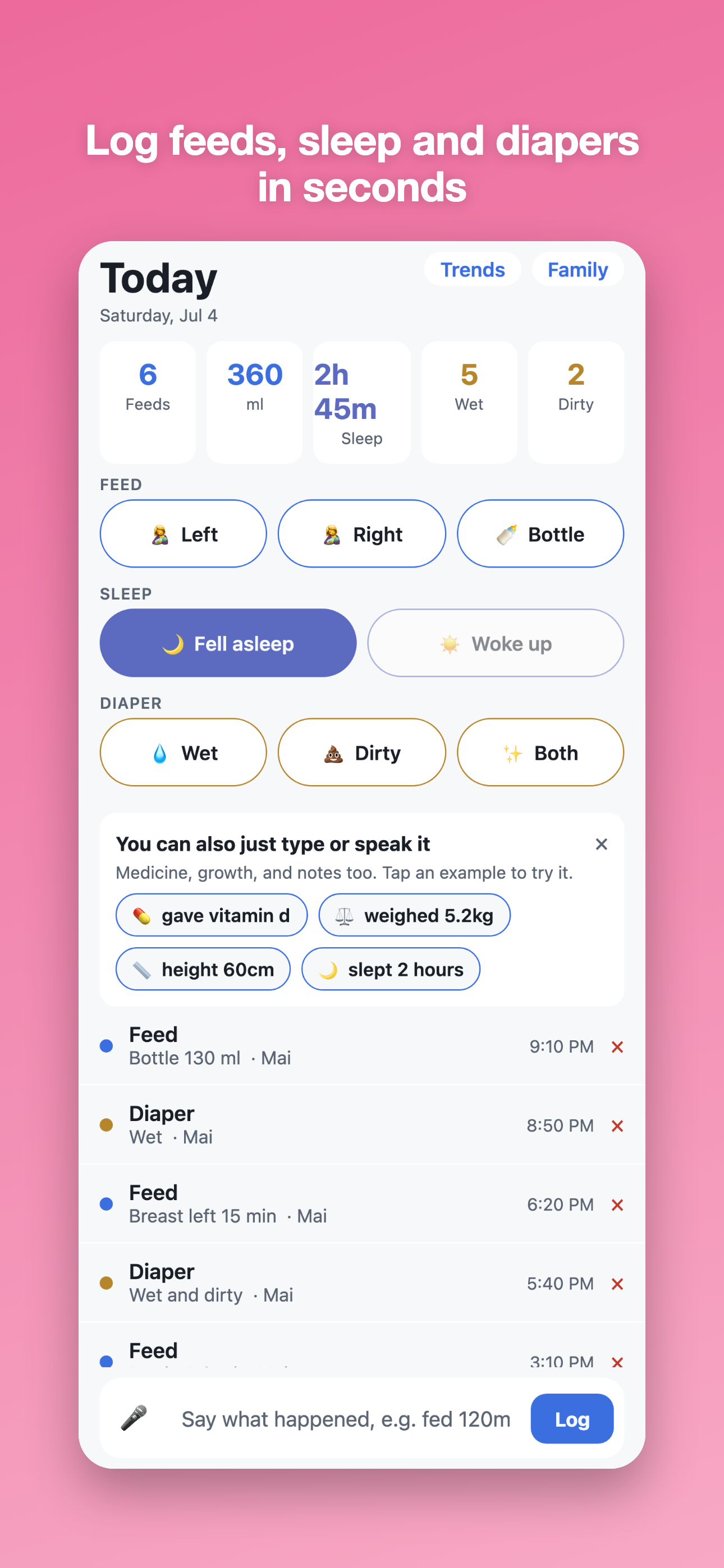 Baby Tracker Today screen with quick feed, sleep, and diaper logging